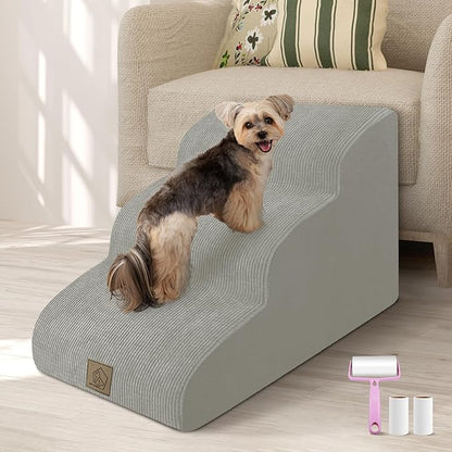 3-Tiers High Density Foam Dog Stairs for High Bed Sofa,Soft Foam Ramp Steps Stairs with Machine Washable Fabric Cover,Slope Stairs Friendly to Pets Joints-1 Lint Roller with 2 Refills,Light Gray