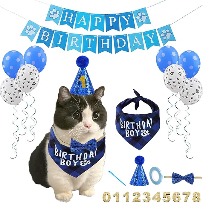 Cat Birthday Party Supplies Cat Kitten Bandanas,Cat Birthday Hat,Cat Birthday Number,Cat Birthday Banner,Cat Bowtie, 8 Letter Balloons,Birthday Outfit for Cat Kitten,cat Birthday Decoration..