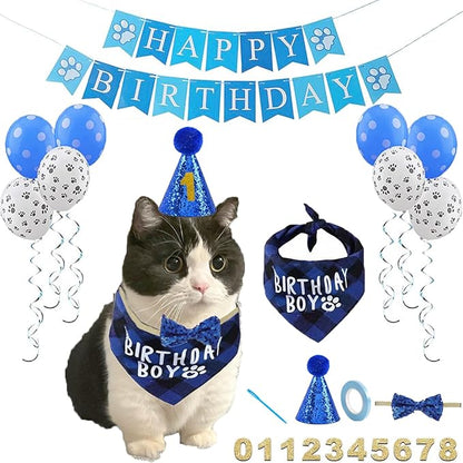 Cat Birthday Party Supplies Cat Kitten Bandanas,Cat Birthday Hat,Cat Birthday Number,Cat Birthday Banner,Cat Bowtie, 8 Letter Balloons,Birthday Outfit for Cat Kitten,cat Birthday Decoration..