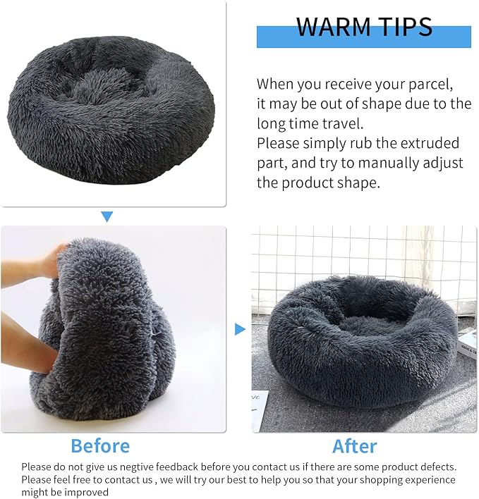 50cm Calming Dog Cat Bed, Plush Donut Pets Beds for Small Dogs Cats, Soft Puppy Kitten Cuddler Round Bed Cushion, Washable Warm Dog Beds for Improved Sleeping (Dark Grey)