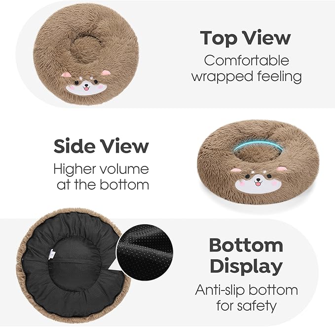 Veehoo Donut Calming Dog Beds for Medium Large Dogs-Round Cute Dog Bed Comfort Pet Bed 30" Camel