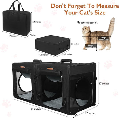 PETUX Cat Travel Carrier with Litle Box, Portable 2-in-1 Cat Carrier for 2 Cats, Various DlY Methods Cat Carrier Soft with Tunnel Tube-with Flannel Mat, Hammock, Protable Tote (Black)