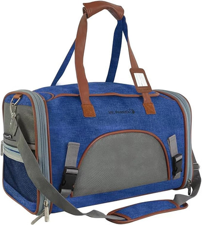 Mr. Peanut's Expandable Airline Approved Soft Sided Pet Carrier, Low Profile Gold Series Tote, Premium Brand Self Locking Zippers, Plush Faux Fleece Bedding with a Sturdy Plywood Base (Deja Blue)