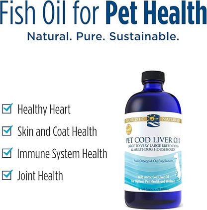 Nordic Naturals Pet Cod Liver Oil, Unflavored - 16 oz - 1104 mg Omega-3 Per Teaspoon - Fish Oil for Dogs with EPA & DHA - Promotes Skin, Coat, Joint, & Immune Health