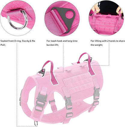 Forestpaw Pink Tactical Dog Harness for Large Dogs,Tactical Dog Collar with Bungee Leash Set,No Pull Military Dog Harness for Dog Walking Training,Adjustable for Medium Large Dogs,S