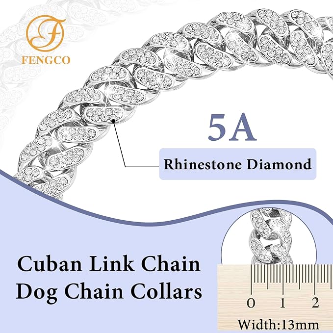Silver Dog Chain Collar Diamond Cuban Link Dog 13mm Wide Cats(20inch)