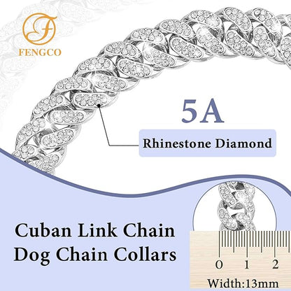 Silver Dog Chain Collar Diamond Cuban Link Dog 13mm Wide Cats(14inch)