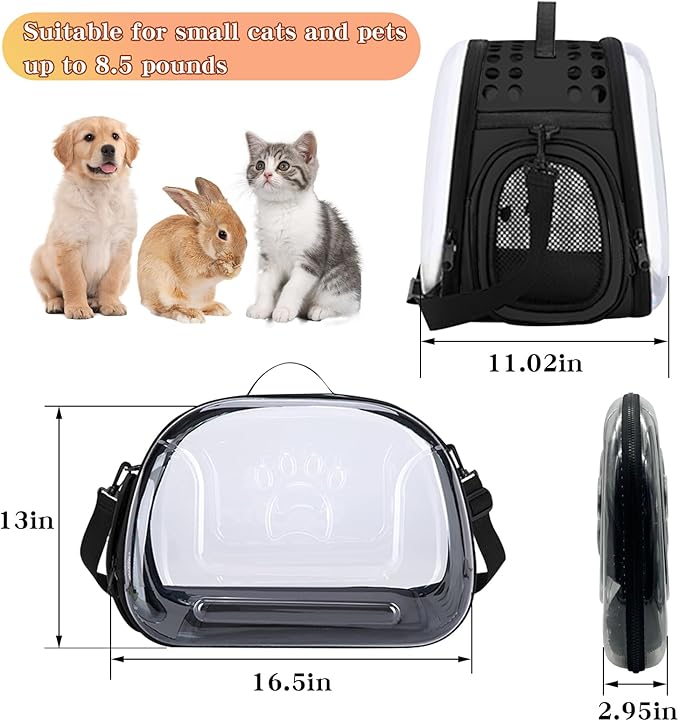 BNOSDM Transparent Cat Carrier Portable Small Cat Carried Bag Collapsible Soft-Sided Pet Carriers for Kitten Puppy Rabbit Travel Hiking Walking & Outdoor Use(Black)