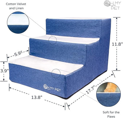 3-Step Pet Stairs for Small Dogs and Cats, Portable Ramp Stairs for Couch, Sofa, High Bed Climbing, Non-Slip Balanced Step Support, Paw Safe, Easy to Assemble (Dark Blue & Light Gray)