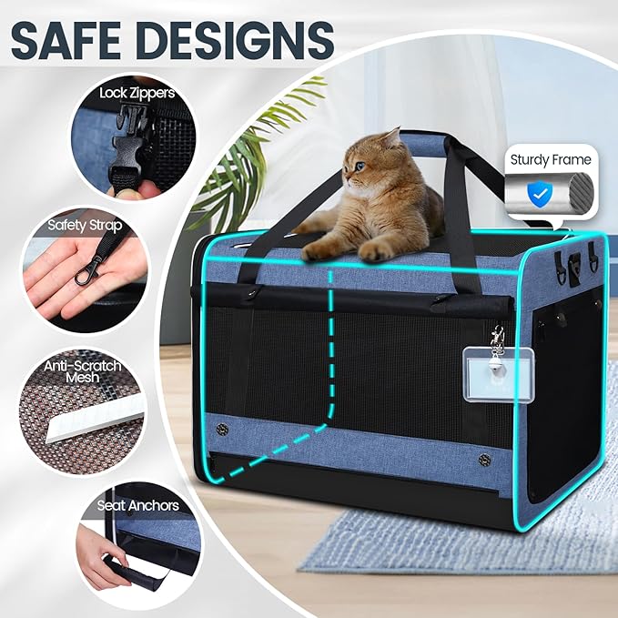 Petskd Extra Large Cat Carrier for 55LBS Pet Car Travel with Litter Box, 24"x17"x17" Soft Large Cats or Medium Dog Carrier with 5 Breathable Mesh Windows and Locking Zippers for Long Distance(Blue)