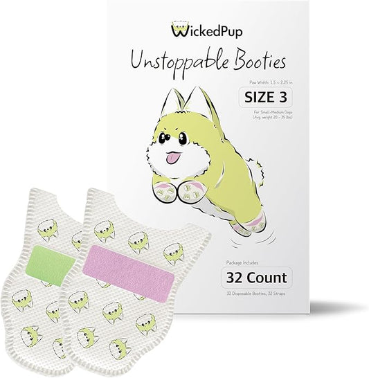 WICKEDPUP Unstoppable Dog Booties, 32 Count, Size 3 | Disposable Dog Boots & Paw Protectors | Breathable Puppy Shoes to Prevent Licking Paws (Size 3: Paw Width 1.5~2.25 inches)
