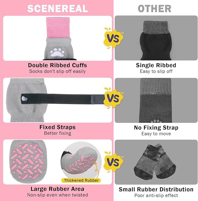 SCENEREAL Dog Socks to Prevent Licking Paws for Hot Pavement, Anti Slip Long Dog Grip Socks for Hardwood Floors, Dog Shoes Booties&Paw Protector for Small Medium Large Senior Dog, Pet Socks for Wounds