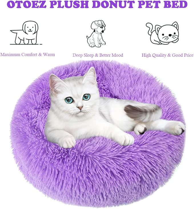 otoez Kitten Puppy Bed Extra Small XS Round Dog Cat Beds Anti Anxiety Plush Pet Calming Donut Bed with Non-Slip Waterproof Bottom (15.7", Purple)