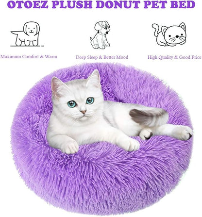 otoez Kitten Puppy Bed Extra Small XS Round Dog Cat Beds Anti Anxiety Plush Pet Calming Donut Bed with Non-Slip Waterproof Bottom (15.7", Purple)