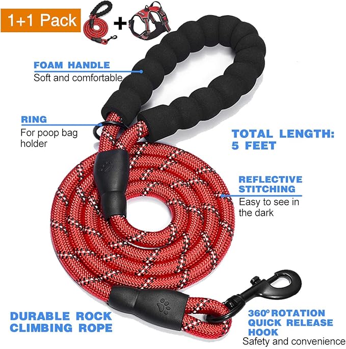 tobeDRI No Pull Dog Harness Adjustable Reflective Oxford Easy Control Medium Large Dog Harness with A Free Heavy Duty 5ft Dog Leash (M (Neck: 14.5"-20.5", Chest: 22"-28"), Red Harness+Leash)