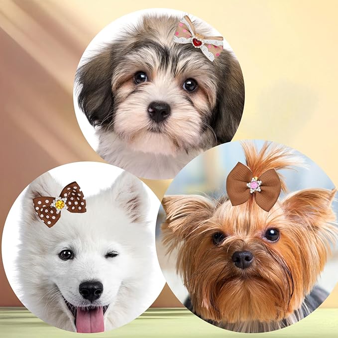 12 Pcs Small Dog Hair Bows with Rubber Bands Bowknot Dog Hair Accessories for Puppy Kitten (Brown)