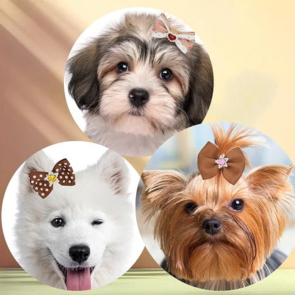 12 Pcs Small Dog Hair Bows with Rubber Bands Bowknot Dog Hair Accessories for Puppy Kitten (Brown)