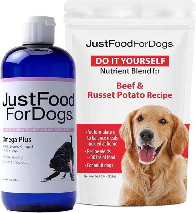 JustFoodForDogsDIY Human Quality Dog Food,Grain Free Nutrient Blend Base Mix for Dogs-Beef and Russet Potato Recipe (129 Grams) & Omega Plus Fish Oil for Dogs-Omega 3 Liquid Supplement for Pets-16 oz