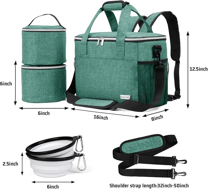 BAGLHER Dog Travel Bag Backpack Pet Supplies Backpack Pet Accessories Storage Bag 5-Piece Set with Shoulder Strap 2 Lined Pet Food Containers 4 Foldable Feeding Bowls Essential Kit for Pet travel