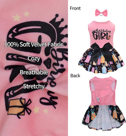 CuteBone Birthday Dog Dresses Velvet Holiday Small Dogs Clothes Onesie Pet Apparel Girl Puppy Skirt with Bow Hair Rope CVA48XXS-D