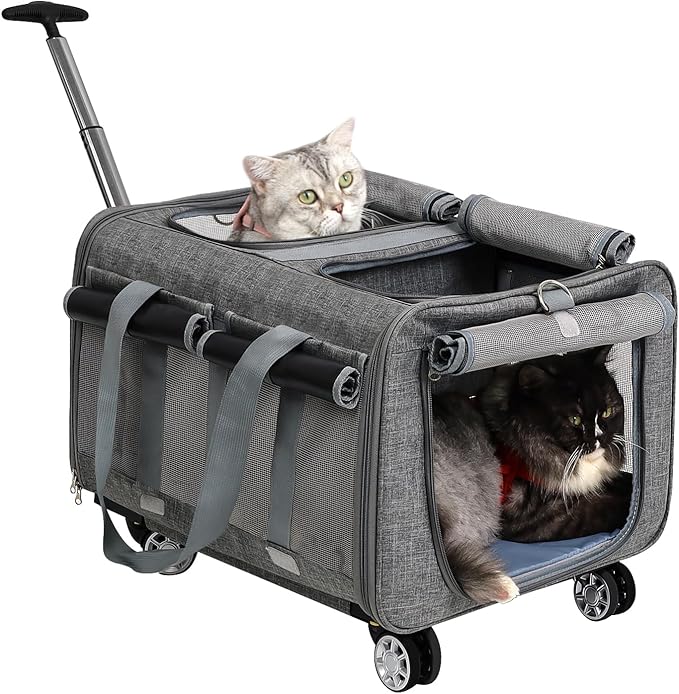 Cat Carrier with Wheels for 2 Cats, Double Compartment Pet Carrier on Wheels for 2 Cats, 21" x 17" x 13" Not for Airline