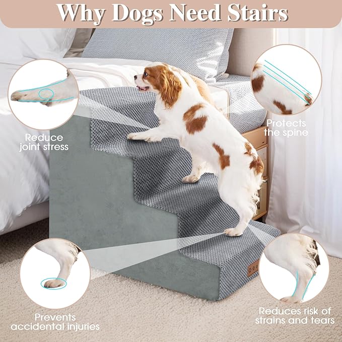 4-Step Grey Dog Stairs for Medium Dogs - Steps for Dogs to get on Bed, Non-Slip Removable Washable Cover, Friendly to Older and Injured Dogs, 18" High