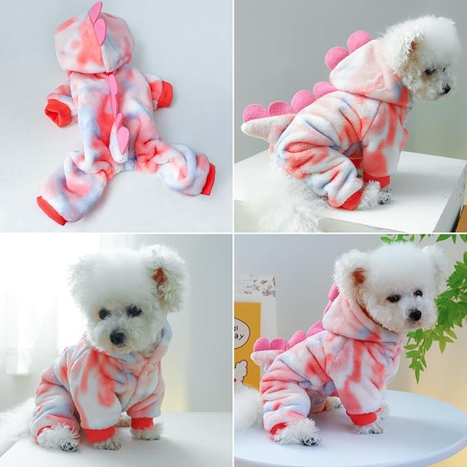 Idepet Halloween Dog Costume Dinosaur Clothes for Small Dogs,Fleece Winter Puppy Hoodies with Leash Ring Pet Cold Weather Coat Funny Outfits Party Apparel for Halloween Christmas (Pink, Large)