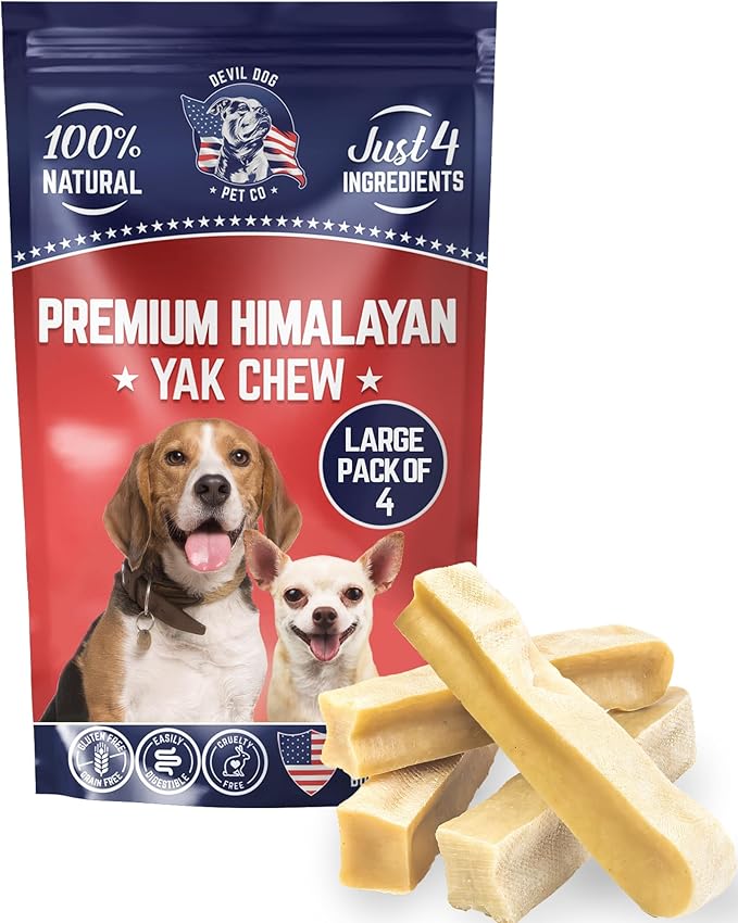 Devil Dog Pet Co. Himalayan Yak Chews – Large 4 Pack, Yak Cheese Dog Chews, 100% Natural & Healthy, Odor Free, Long Lasting, Yak Chew Treats – Premium Yak Milk Dog Chew, Yak Bones for Dogs