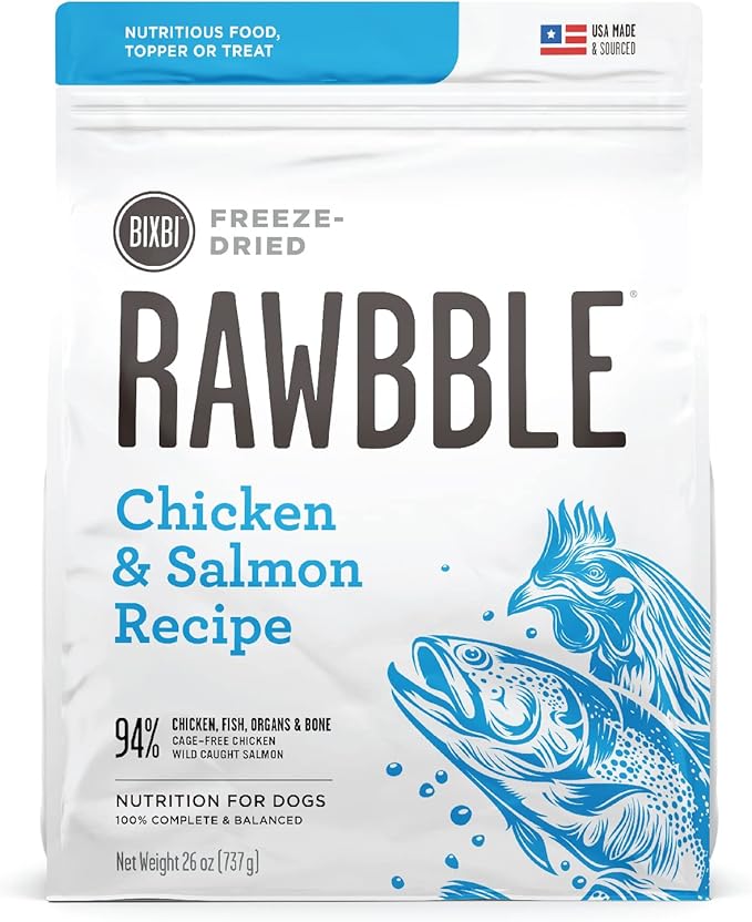 BIXBI Rawbble Freeze Dried Dog Food, Chicken & Salmon Recipe, 26 oz - 94% Meat and Organs, No Fillers - Pantry-Friendly Raw Dog Food for Meal, Treat or Food Topper - USA Made in Small Batches