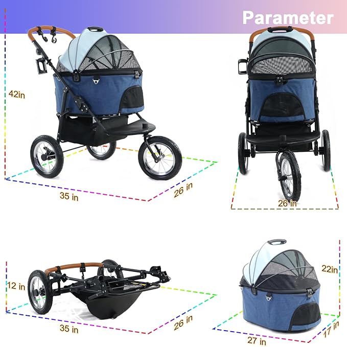 626W Upgradede Dog Stroller for Medium Dog Rope,3in1 Cat 3 Wheels