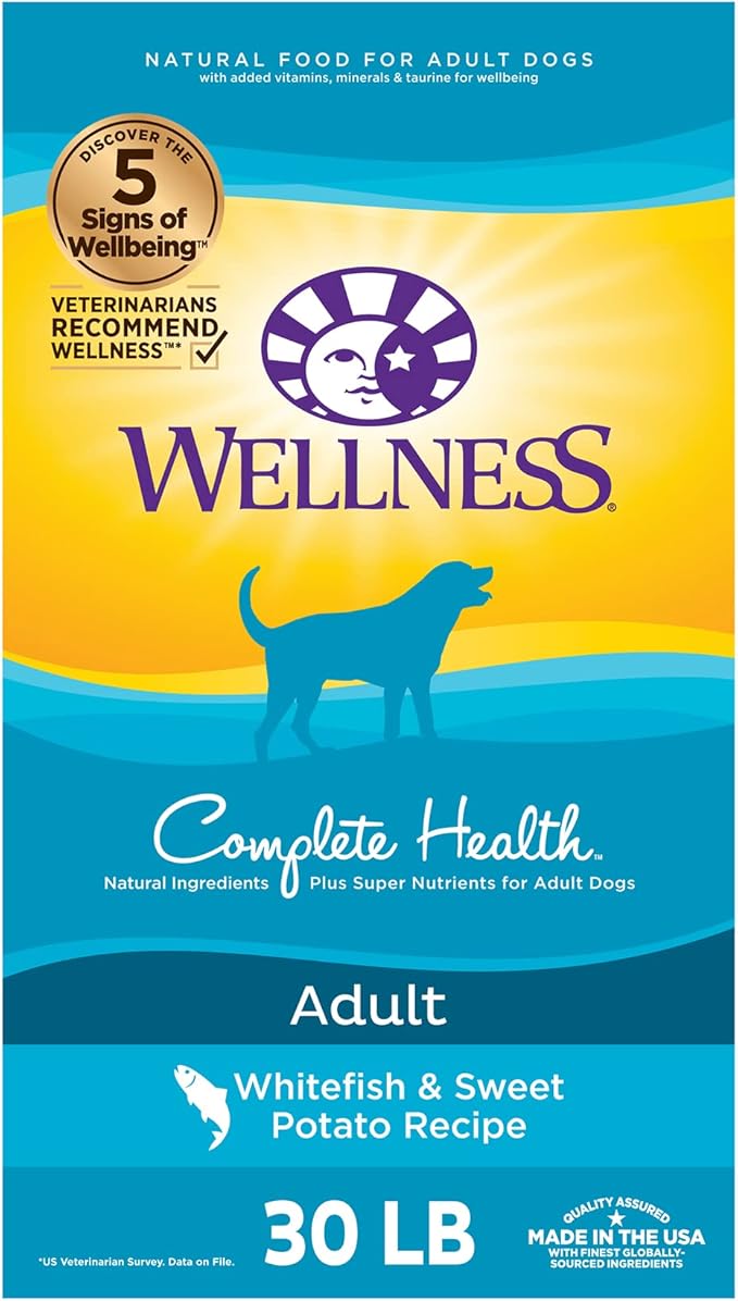 Wellness Complete Health Dry Dog Food with Grains, Made in USA with Real Meat & Natural Ingredients, All Breeds, Adult Dogs (Whitefish, 30-lb) – With Nutrients for Immune, Skin, & Coat Support