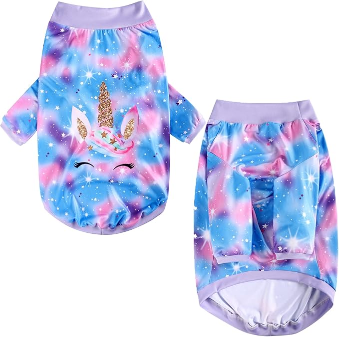 Dog Blue Purple Tiedye T Shirts Shining Unicorn Pattern Printed Pet Shirt Softable Pajamas for Large Dogs (3XL, Blue)
