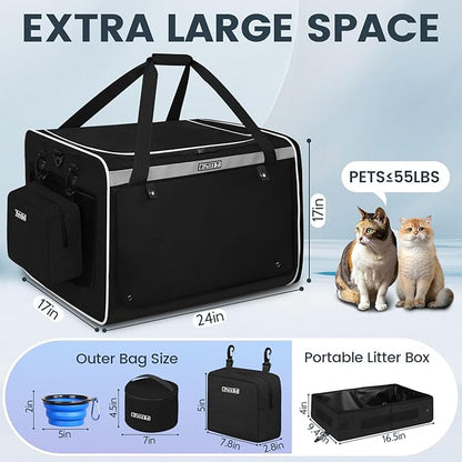 Petskd Extra Large Cat Carrier for 55LBS Pet Car Travel with Litter Box, 24"x17"x17" Soft Large Cats or Medium Dog Carrier with 5 Breathable Mesh Windows and Locking Zippers for Long Distance(Black)