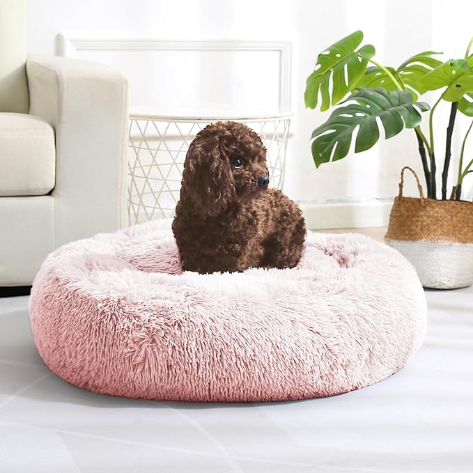JOLLYVOGUE Calming Donut Dog Bed & Cat Bed (20", Pink)