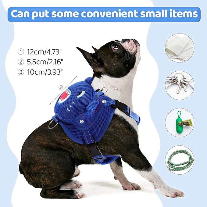 Dog Harness Backpack Cute Doggie Backpack Carrier for Small Medium Dogs, No Pull Dog Saddle Bag Pet Vest, Mesh Shark Self Bag with D-Ring for Puppy Outdoor Travel Hiking Adjustable Dog Bag