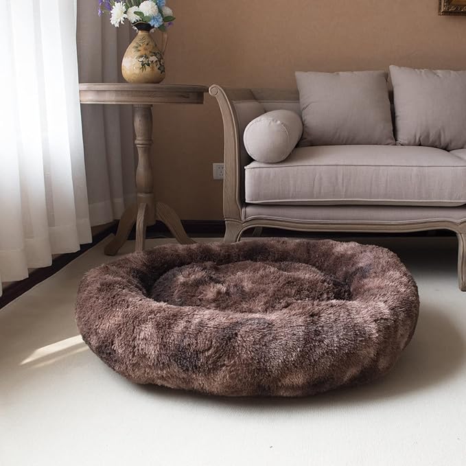 Oval Calming Donut Cuddler Dog Bed Bed(30"/36"/43") for (XL(36"x27"x7"), Brown2021)
