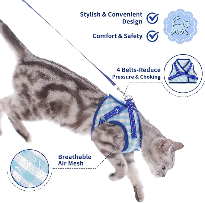 Supet Cat Harness and Leash Set for Walking and Small Dog Soft Mesh Plaid Harness Adjustable Vest with Reflective Strap Comfort Fit for Pet Kitten Puppy Rabbit