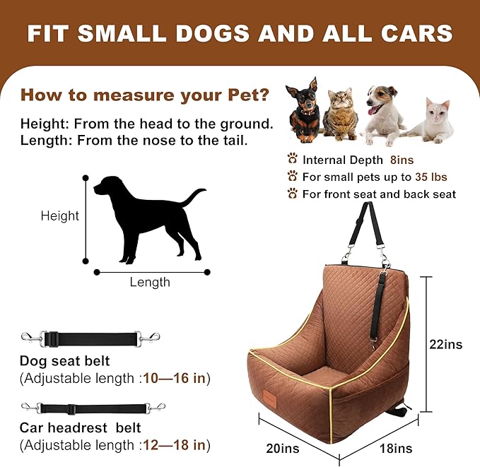 Dog Car Seat for Small/Medium Dogs 35lbs (Brown)