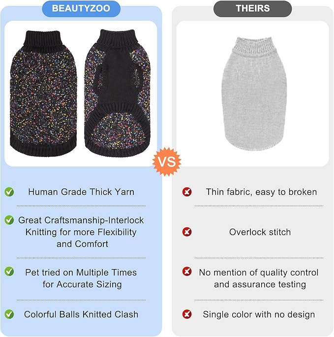 BEAUTYZOO Cable Knit Small Dog Sweater, Color Block with Fuzzy Thread Knitted Turtleneck Dog Knitwear with Dots in a Variety of Colors for Small Medium Dogs Fall Winter Dog Clothes, XS Black