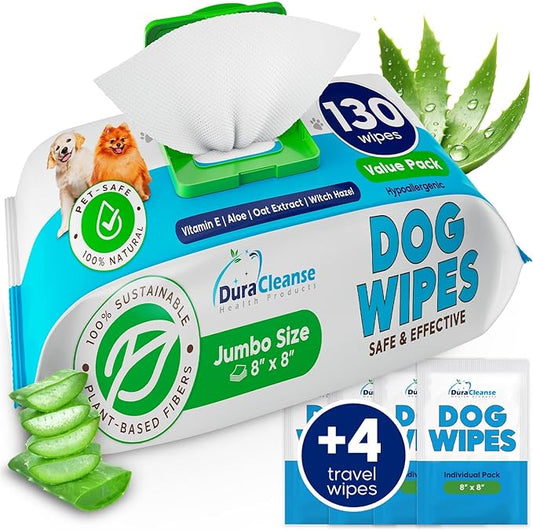 Dog Wipes for Paws and Butt - 130 Count + 4 Travel Puppy Wipes - 8" x 8" Large Dog Grooming Bath Wipes | Hypoallergenic Dog Face Wipes, Extra Thick Cleaning Deodorizing Pet Wipes for Dogs, Cats, Pets