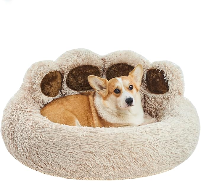 Jiupety Cute Round Calming Dog Bed of Paw Shape (32"×32"×10"), Camel.