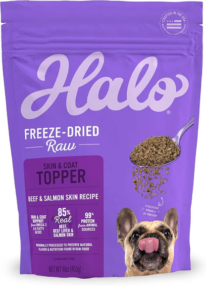 Halo Freeze Dried Raw Skin & Coat Topper, Beef And Salmon Skin Recipe, Raw, Real Meat Topper, All Life Stages, 1lb Bag