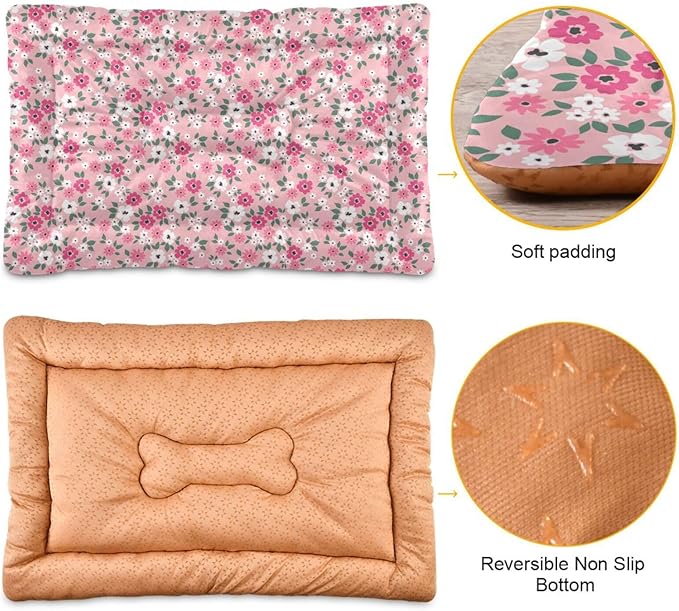 Pink Floral Pet Bed Pad Soft Dog Bed Mat with Anti-Slip Bottom