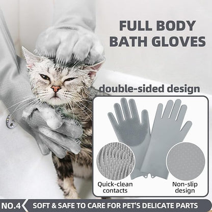 6-in-1 Grey Pet Grooming Kit: Hair Brush, Towel, Washing Gloves, Slicker Brush, and Shampoo Scrubber for Dogs and Cats