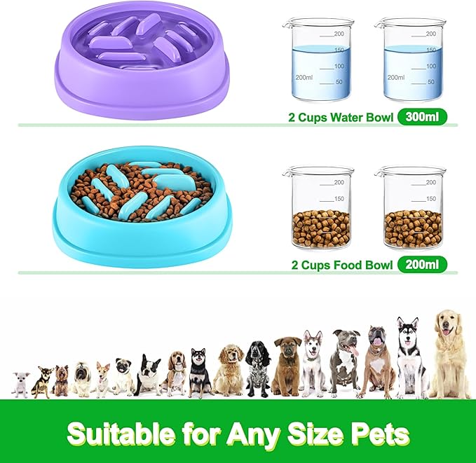 Slow Feeder Dog Bowls 2 Pack, Anti-Slip Slow Eating Dog Bowl, Maze Dog Food Bowl, Anti-Choking Puzzle Feeder Dog Bowl, Slow Feeder Bowl for Dogs & Cats, All Breeds Pets (Blue&Purple)