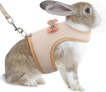 AIITLE Bunny Harness and Leash Set, Soft Breathable Mesh Vest Harness with Cute Bow for Rabbits Kitten Ferret Small Pig Puppy Walking Supplies Beige M