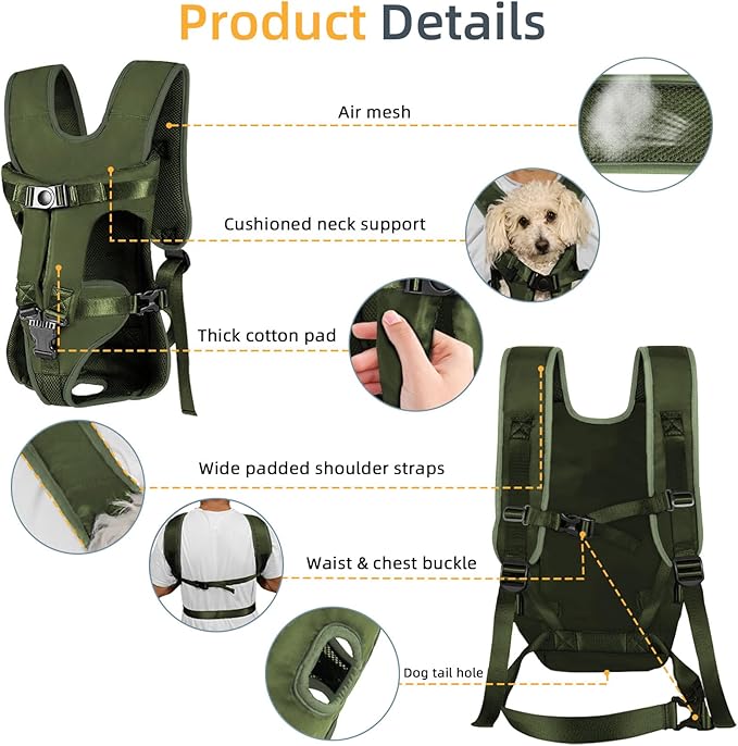 Dog Front Carrier Backpack, Dog Backpack Carrier Soft Pad, Pet Legs Out, Easy-Fit Dog Front Carrier for Small Medium Puppy, Hands Free Dog Carrier Adjustable for Cycling Hiking (Army Green, XL)