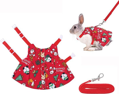 Adjustable Christmas Rabbit Harness and Leash Set, Small Animal Christmas Costume Bunny Clothes Santa Snowman Pattern Outfit for Ferret Guinea Pig Rabbit Bunny Hamster(Red/M)