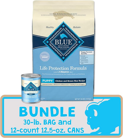 Blue Buffalo Life Protection Formula Natural Puppy Dry Dog Food and Wet Puppy Food, Chicken (30-lb Dry Food + 12.5oz cans 12ct)