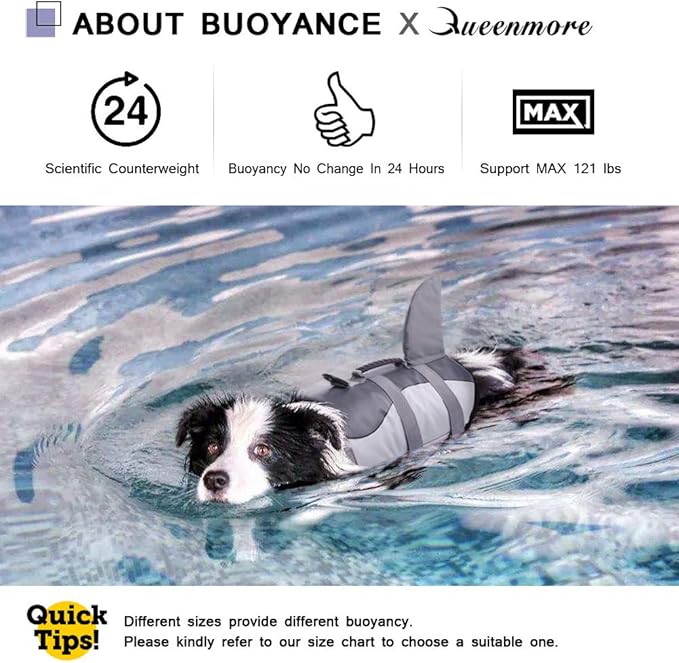Queenmore Dog Life Jacket Ripstop Shark Dog Safety Vest Adjustable Preserver with High Buoyancy and Durable Rescue Handle for Small